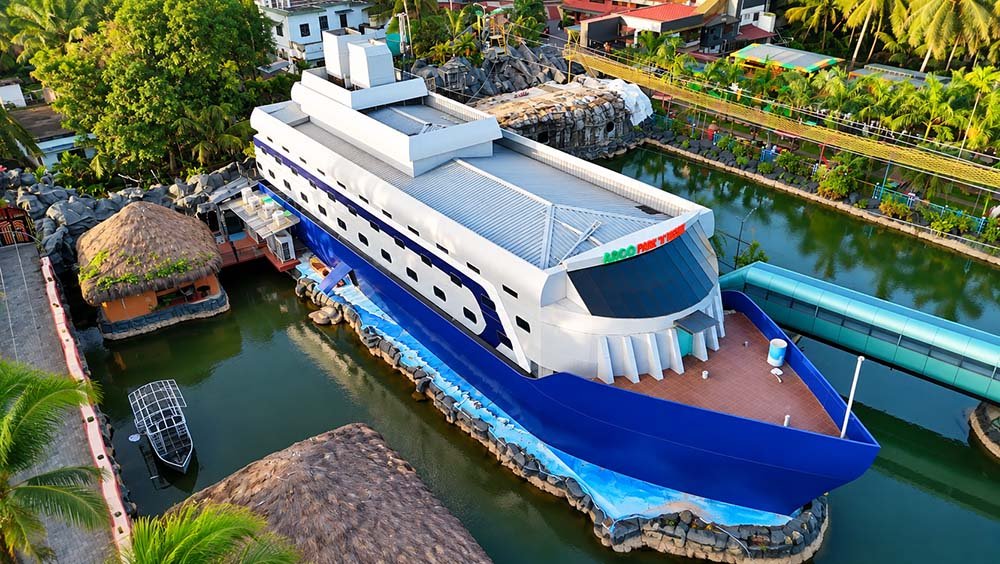 Aerial View of Ship-Shaped Resort Lagoon